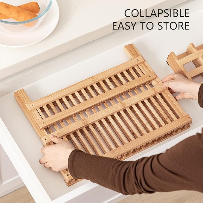 HBlife Dish Rack, Bamboo Folding 2-Tier Collapsible Drainer Dish Drying Rack with Utensils Flatware Holder Set (Dish Rack with Utensil Holder) - Image 4