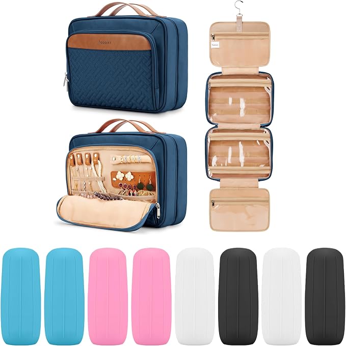 Travel Hanging Toiletry Bag for Women, Large Makeup Bag 8 Leak Proofing Silicone Bottle Covers, Waterproof Cosmetic Bag with Jewelry Organizer Compartment, Toiletries Kit Set, Navy Blue by COOSKY