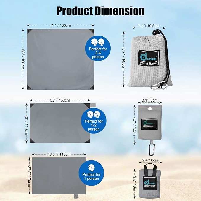 Odoland Sandproof Beach Blanket, Waterproof Portable Mat with Carry Pouch | 63“x43” Quick Drying & Foldable Lightweight Sand Free Beach Mat Tarp for Hiking, Camping, Travel, Grey - Image 2