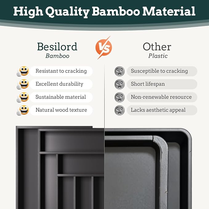 Bamboo Expandable Silverware Drawer Organizer 11 Slots Utensil Holder Black | Magnetic Adjustable Connection, 21-37.4 Inch Telescopic, 11 Divided Compartments, Black Bamboo, Classify All Kitchen Flatware - Image 6
