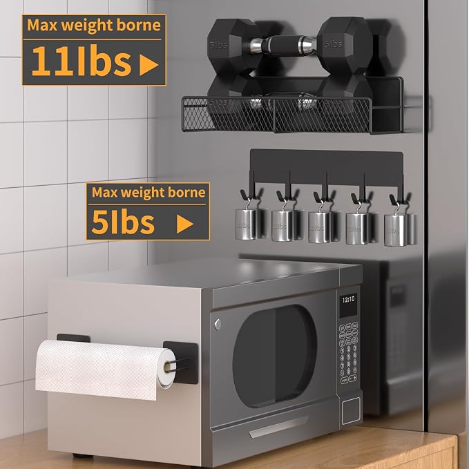 Magnetic Spice Rack for Refrigerator, 10 Pack 100% Metal Strong Magnet Shelf, Moveable Spice Organizer W/ Adjustable Paper Towel Holder, Hook Rack & Utensil Caddy, Home Kitchen Laundry Storage, Black - Image 5