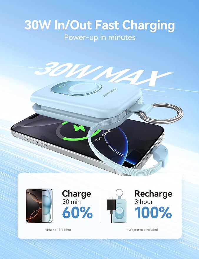 RORRY CharmGo Portable Charger, 20000mAh PD 30W Portable Charger Power Bank | Built-in Cables, Fast Charging Keychain Portable Battery Pack, Travel Essentials for iPhone, Apple Watch, iPad - Image 3