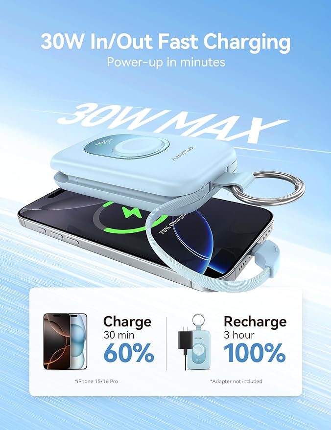 RORRY CharmGo Portable Charger, 20000mAh PD 30W Portable Charger Power Bank | Built-in Cables, Fast Charging Keychain Portable Battery Pack, Travel Essentials for iPhone, Apple Watch, iPad - Image 3