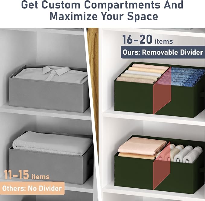 DIMJ Large Closet Shelf Organizer Bins 6 Packs with Handles and Divider, Fabric Trapezoid Storage Baskets, Foldable Clothes Containers Box for Shelf, Towel, Book, Toy, Purse, Hats, Green - Image 2