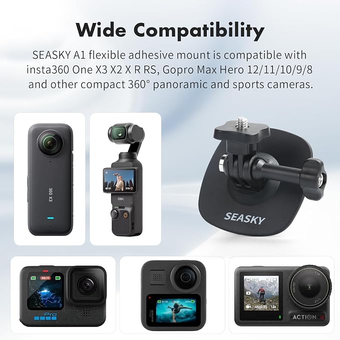 SEASKY 2Pack A1 Flexible Adhesive Helmet Mount use Genuine 3M Adhesive | For GoPro Hero13/12/11/10/9 Max DJI Action 6/5/4/3 Insta360 X5 X4 X3 Ace Pro 2 Sports Camera Accessories Flat Curved Surfaces - Image 5