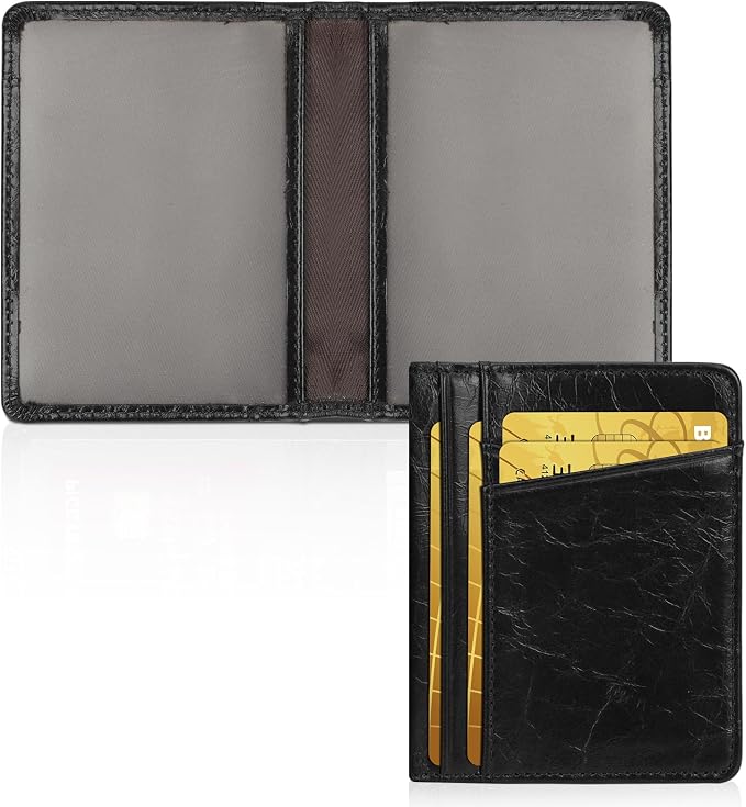 Unaone Slim Minimalist Wallet - Premium Leather Card Holder RFID Blocking Card Case with 8 Card Slots and 2 ID Window, Crackle Black by Unaone