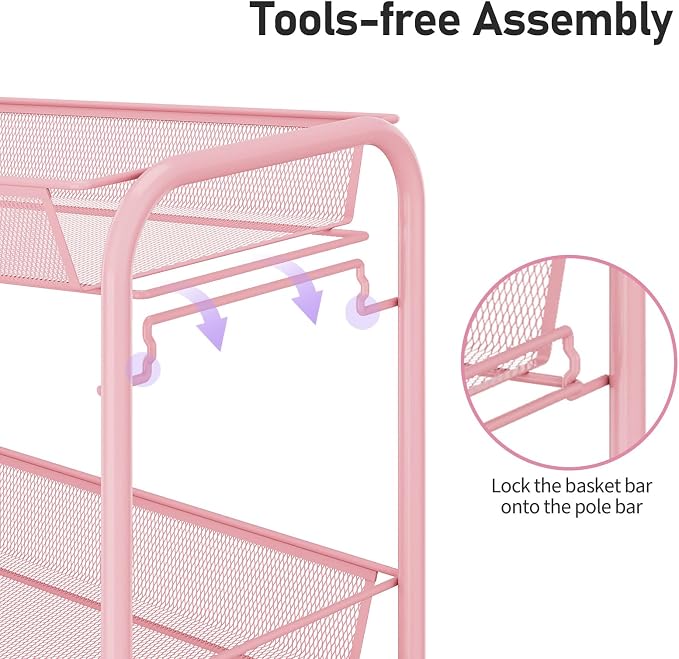 TOOLF 3 Tier Rolling Cart, Metal Utility Storage Cart with Wheels, Pink | 3 Hooks, Screwless Assembly, Trolley Organizer for Bathroom, Kitchen, Office, Nursery, Dorm, Laundry Room - Image 3