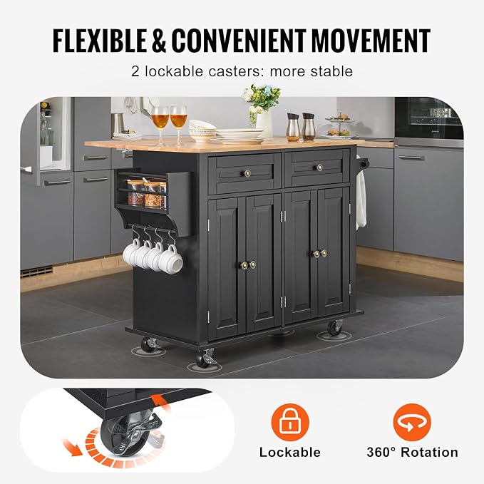 VEVOR Kitchen Island Cart, 35" Wood Top Mobile Carts with Storage Cabinet, Rolling Table with Drop Leaf, Spice Rack, Towel Bar, Adjustable Shelf, Drawer, and Hooks, Portable Islands on Wheels, Black | Rolling Table with Drop Leaf, Spice Rack, Towel Bar... - Image 5