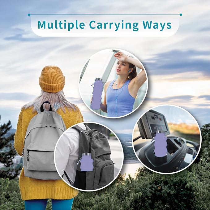 Collapsible Water Bottles 17oz, Odorless BPA-Free Silicone, Leak-Proof Foldable Reusable Bottle - Perfect for Travel Sports Gym Hiking Camping Cycling - Lavender - Image 6