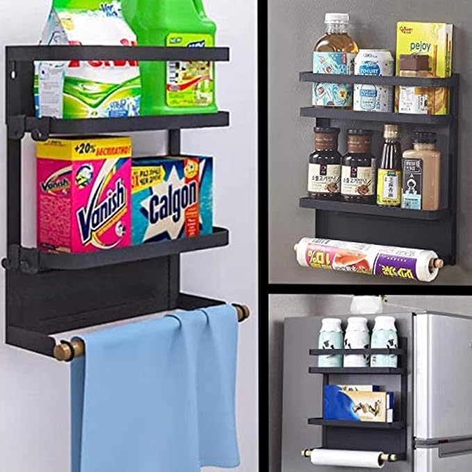 Magnetic Spice Rack for Refrigerator Magnetic Paper Towel Holder for Fridge Magnetic Shelf Magnetic Shelves Fridge Magnet Organizer Spice Rack Kitchen Organization Kitchen Storage Black - Image 8