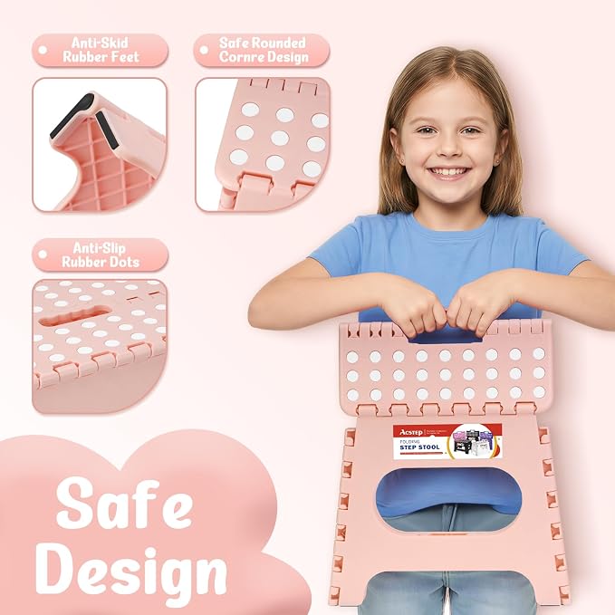 11" Folding Step Stool for Kids, Non-Slip Foldable Stool, Light Pink | Heavy Duty Collapsible Foot Stool, Lightweight with Built-in Handle, Holds 300 lb for Adults Kitchen Bathroom Bedroom Outdoor - Image 4