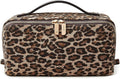 EACHY Travel Makeup Bag for Women, Flat Open Leopard Print Cosmetic Bag | Leopard-print PU leather cosmetic bag opens flat with dividers and clear TPU brush pocket for makeup and travel essentials by EACHY