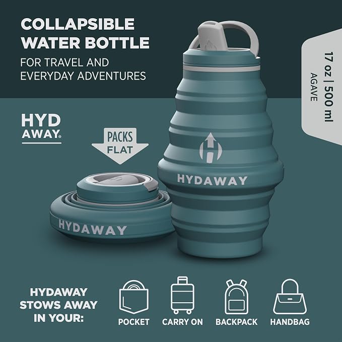 HYDAWAY 17oz Collapsible Water Bottle, Packable Leakproof for Travel | Travel-first design. Fold flat to 1.5 in for carry-ons, purses, seatbacks. Leakproof, BPA-free, dishwasher safe. - Image 2