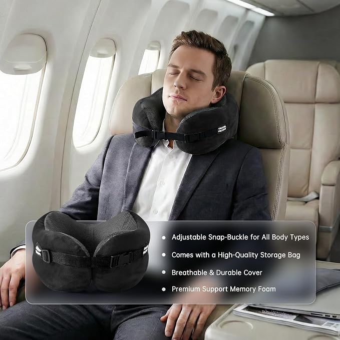 Neck Pillow Travel Pillow - 100% Pure Memory Foam Airplane Pillow with Adjustable Clasp & Removable Cover, Portable Travel Essentials for Long Flights, Car & Office (Black) - Image 6