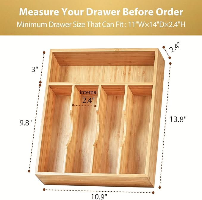 Bamboo Kitchen Drawer Organizer, 11 Inch Silverware Utensils Tray Holder with Grooved Dividers, 2.4" High Wood Caddy for Flatware Cutlery Knives - Image 6