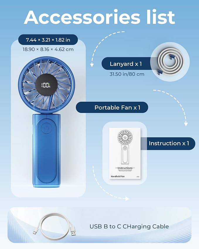 Handheld Fan, Portable Fan, 4000mAh Rechargeable Personal Fan, 180° Foldable Mini Desk Fan with 6 Wind Speed, LCD Digital Display, Lanyard as Neck Fan, Ultra Quiet, Pocket Size for Indoor Outdoor - Image 8