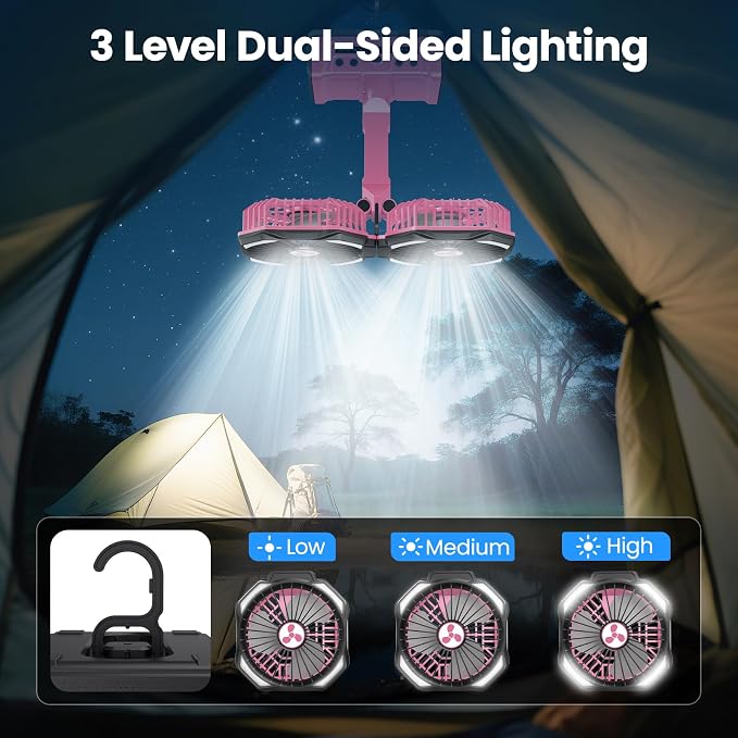 Dual Head Portable Rechargeable Fan 20000mAh Battery Powered Camping Fan Cordless with LED Lantern & Remote, Auto Oscillation, Hook, Battery Operated for Tent Office Travel Picnic Jobsite Pink - Image 4
