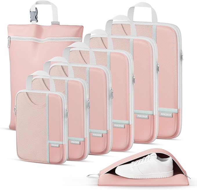 Percover Compression Packing Cubes for Travel, 8-Piece Structured Compression Organizer Set with Laundry Bag & Shoe Bag for Carry-On & Checked Luggage, Pink by Unknown