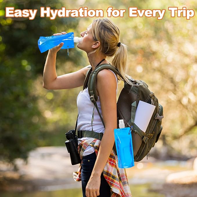 10 Pcs Foldable Water Bottle, 480ml, Collapsible, Leak Proof | Reusable Drinking Bags, BPA Free, with Carabiner for Travel, Gym, Camping, Hiking - Image 5