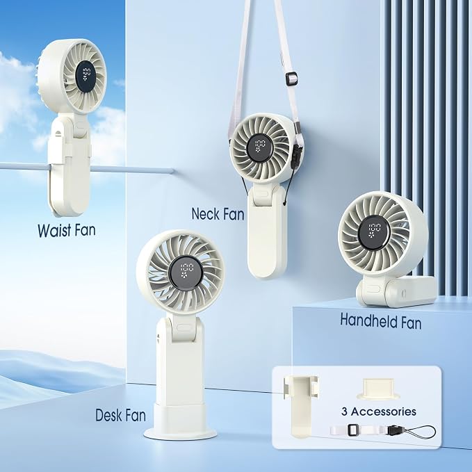 【5200mAh】Portable Handheld Fans for Travel, High-Speed Motor, Rechargeable Hand Held Fan, 5 Speed,180°Foldable, Small Personal Fan,4-IN-1 Hand/Desk/Waist/Neck Fans,Summer Beach Travel Essentials - Image 2