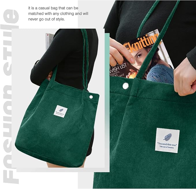 LHMTQVK Corduroy Tote Bags for Women, Large Capacity Tote Purse Reusable Grocery Shoulder Bag with Inner Pockets - Image 5