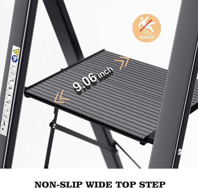 KINGRACK Aluminium 5 Step Ladder, Lightweight Step Stool with Non-Slip Pedals, Handrail, Folding Step Ladder for Kitchen, Garage, Home, Space Saving, Sturdy and Portable, Black - Image 2