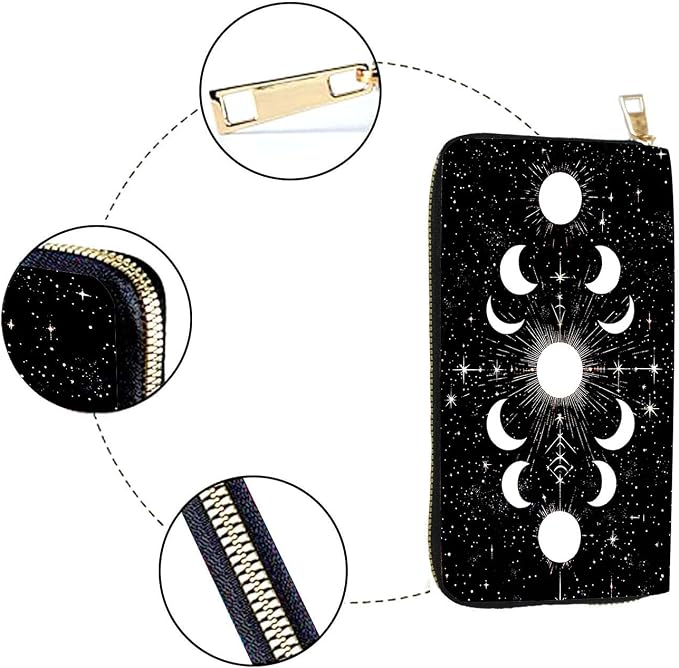 Women's RFID Blocking PU Leather Zip-Around Wallet, Large Capacity Clutch with Phone Holder, Travel Purse & Card Organizer with Removable Wristlet,Moon Phases in Space - Image 4