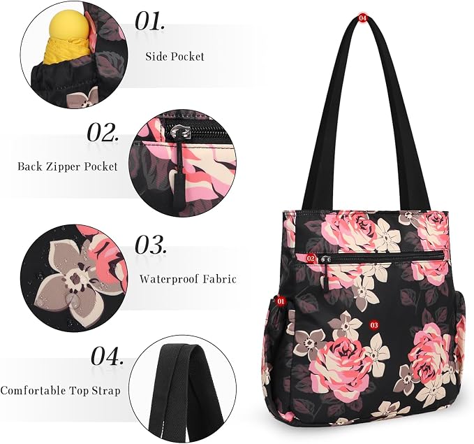 HUA ANGEL Floral Tote Bag - Casual Shoulder Bag Daily Tote Bag with Zipper Gym Travel Shopping Work Handbag for Women - Image 4