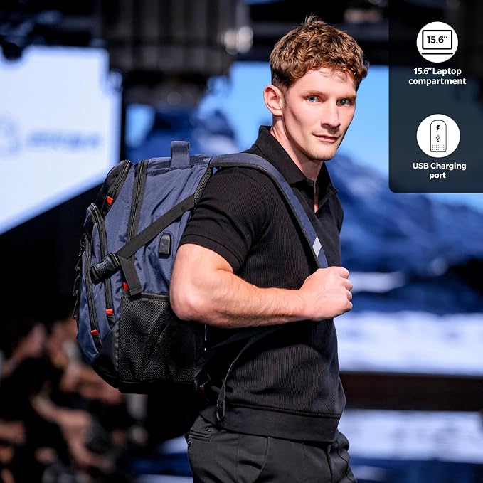 Swissdigital Design Laptop Backpack with USB Charging Port, Travel Backpack Fits 15.6 inches Computer, 31l College School Backpack for Men, Blue/Black | SD803-12 - Image 9