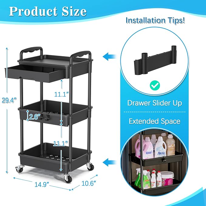 SUNALLY 3 Tier Rolling Cart with Drawer, Craft Storage Cart Organizer,Black | Bathroom Storage Organizer with 2 Lockable Wheels, Rolling Utility Cart for Kitchen, Office, Baby, Makeup, Nail,Snack,Laundry - Image 2