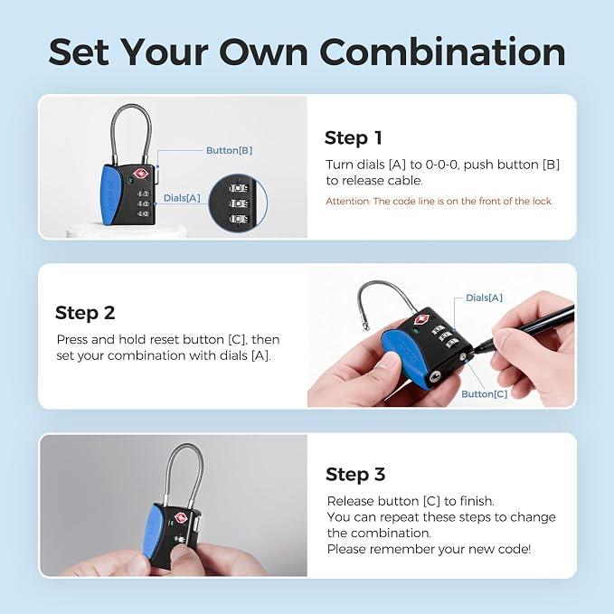 pack all TSA Approved Travel Luggage Locks, Resettable 3-Digit Code | Open Alert Indicator, Flexible Steel Cable, Zinc Alloy Body, Clear Number Dials, For Suitcase, Toolbox, Backpack, 4 Pack - Image 9