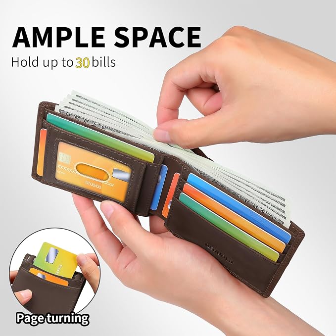 Wallet for Men-Genuine Leather RFID Blocking Bifold Stylish Wallet American Flag Wallet With 1 ID Window (Coffee, Without ID Window) - Image 3