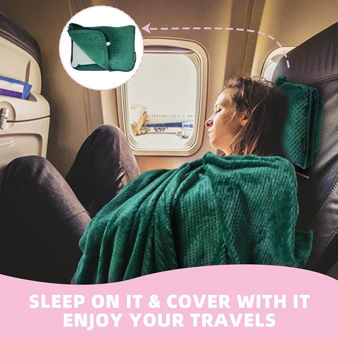 3 in 1 Travel Blanket Pillow Set - 350 GSM Thick Travel Blanket Airplane Compact with Bag, Soft Bag with a Pocket, Inflatable Travel Pillow for Camping & Car Trip (Dark Green) - Image 2