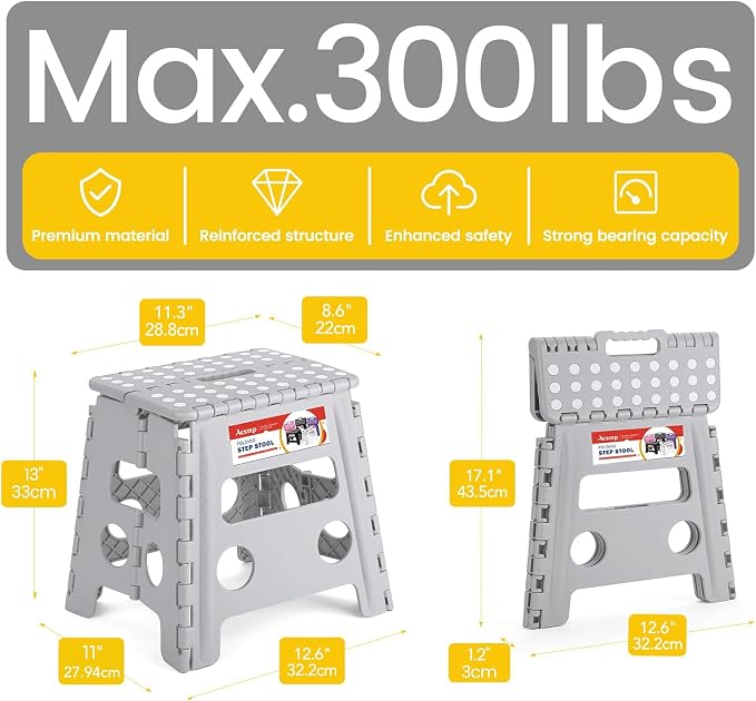 13" Folding Step Stool, Non-Slip Foldable Stools for Adults, Gray | Heavy Duty Portable Collapsible Foot Stepping Stool, Holds 300 lb for Kitchen Bathroom Outdoor, Lightweight, Built-in Handle - Image 4