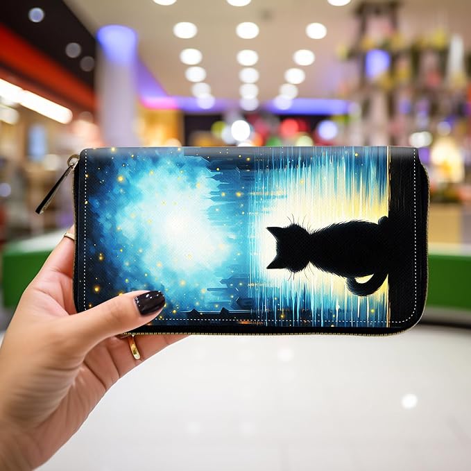 Wallet,Leather Long Wallet Suitable For Ladies And Teenagers - Detachable Wristband + RFID Travel Wallet With Card Slot - Black Cat - Image 4