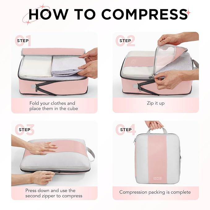 OlarHike 8 Set Compression Packing Cubes for Travel Essentials,Compressible Expandable Space Saver Bags for Organizing Clothes,Luggage Suitcase Garment Bags with Over 1000 pcs Mesh Holes(Pink) - Image 3