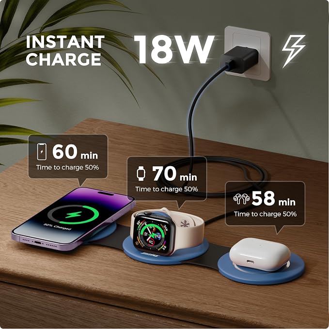 HICOBER 3IN1 Wireless Charging Station for iPhone, Watch, AirPods,LightBlue | Charge 3 devices at once, foldable, case-friendly and ready for travel - Image 2