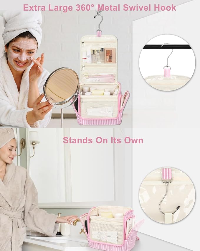 Relavel Hanging Toiletry Bag for Women, Travel Makeup Bag Cosmetic Organizer Toiletries Shower Bag for Travel Essentials, Accessories, Cute Gifts for Girls, Pink - Image 4