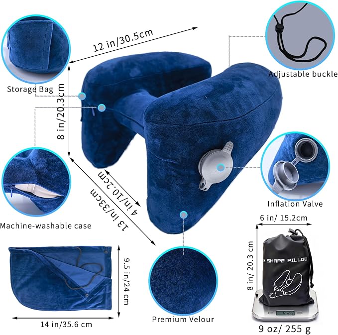 H-Shaped Travel Pillow with Snap-On Hood – Ergonomic Neck Support with Plush Velvet Cover, Instant Inflation & Compact Bag – for Airplane, Car, Office & Long Trips (Blue) - Image 6