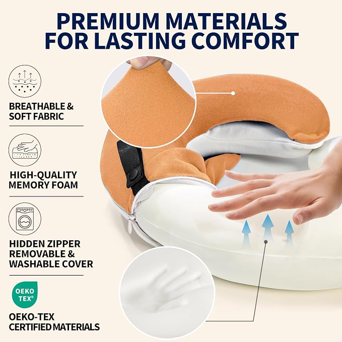 Travel Neck Pillows for Airplanes, Memory Foam 360° Head Support Sleep for Long Flight, Skin-Friendly & Breathable, Kit with Eye Mask, Earplugs and Storage Bag (Adult, Orange, 90+ lbs) - Image 4
