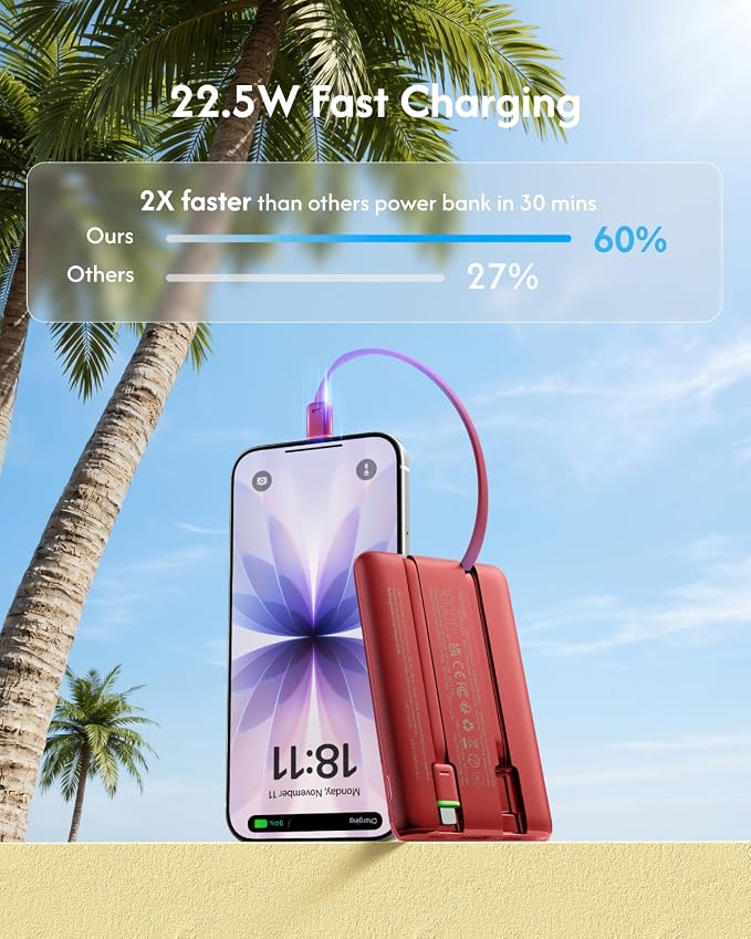 VEGER 10000mAh 22.5W Fast Charging Portable Charger with Built-in Cables | 0.4lb Slim USB C Power Bank, Small Battery Pack for iPhone 17/16/15/14/13/12 iPad Samsung, Flight Safe, Travel Essential, Red - Image 3