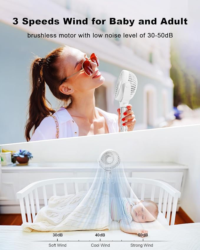 Coohea Clip on Stroller Fan, Rechargeable Long-Lasting Power Wind Fan,White | 4000mAh Battery Operated, 360° Rotatable Flexible Tripod, 3 Adjustable Speed, Portable Fan for Car Crib Backseat Beach Travel - Image 3