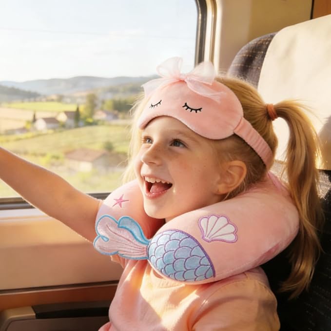 Travel Pillow, Travel Accessories for Car Airplane Traveling, Soft Memory Foam Kids Travel Pillow with Sleep Eye Mask Kids Neck Pillow for Boys & Girls - Cute Pink Mermaid - Image 6