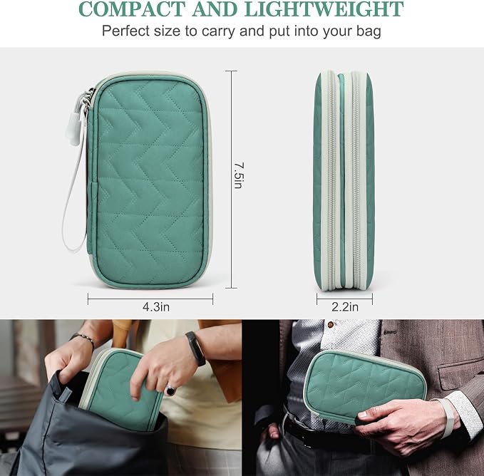 FYY Electronic Organizer, Travel Tech Pouch, Cable Organizer Green Quilted | Wrist Strap, Waterproof, Double Layers Portable Electronics Travel Carrying Case for Cord, Charger, Daily Business Trips Use - Image 2