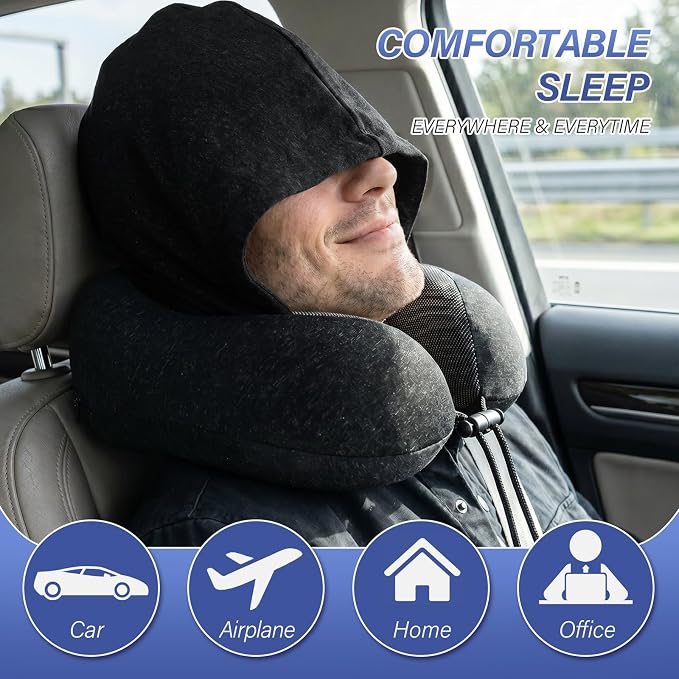 Airplane Neck Pillow with Outer Box–Memory Foam U-Shape, Supportive for Sleep, Adjustable Support Clasp. Midnight Black. Outer Box Buckle Saves Luggage Space - Image 4