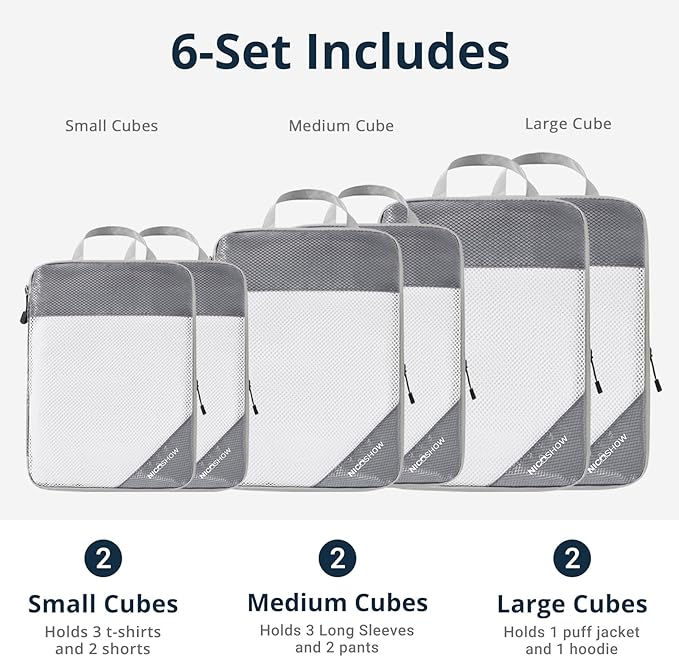 6 Set Compression Packing Cubes for Travel - Compressible, Lightweight, and Space-Saving Packing Cubes, Travel Essentials for Women, Grey - Image 3
