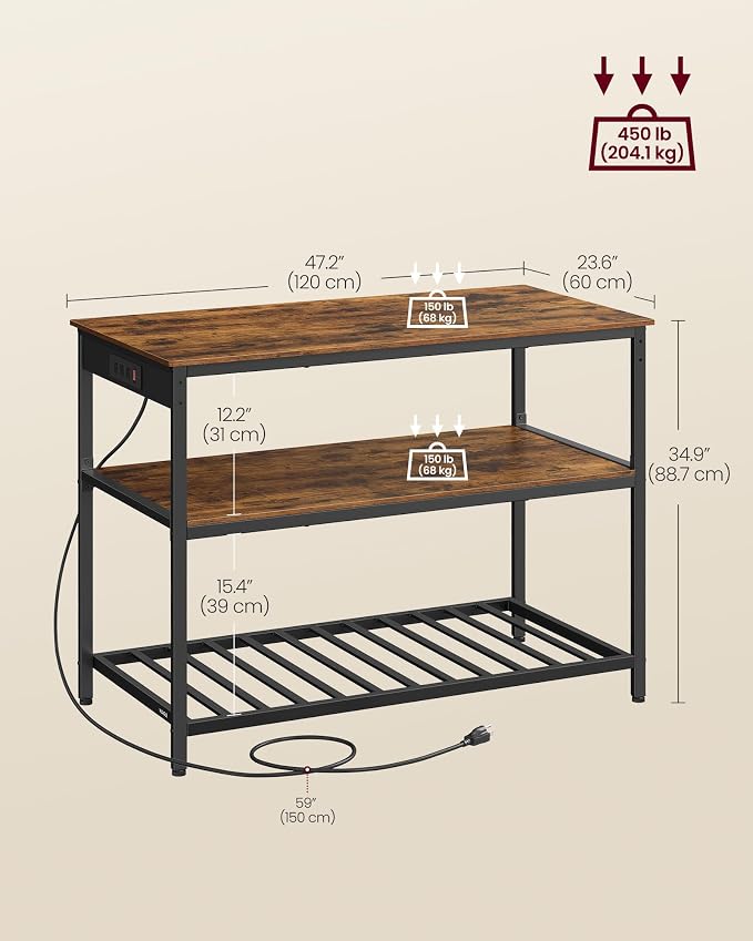 VASAGLE Kitchen Island with 3 Shelves, Storage Cabinet, Steel Structure | Kitchen Shelf with Large Wooden Worktop, 47.2 Inches Width, Rustic Brown and Matte Black, BARNET Collection UKKI101K01 - Image 3