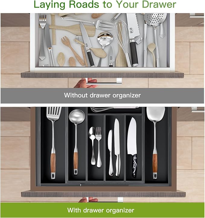 Pipishell Bamboo Expandable Drawer Organizer for Utensils Holder, Adjustable Cutlery Tray, Wood Drawer Dividers Organizer for Silverware, Flatware, Knives in Kitchen, Bedroom, Living Room (Black) - Image 7