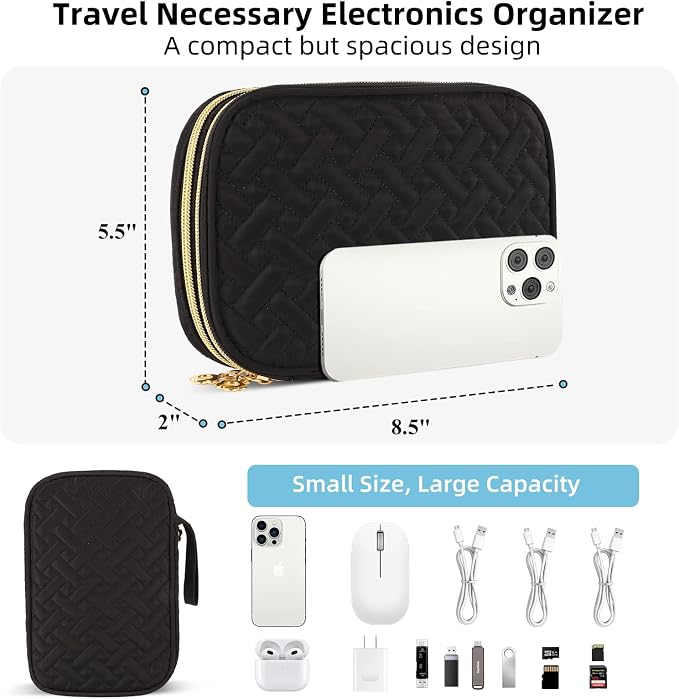 Electronics Organizer Travel Case, Charger Bag Cord Organizer Travel, Compact Tech Pouch Cable Organizer Bag for Charger, Cords, Phone, Headphones, Flash Drive, SD Card(Black, Small-Double Layer) - Image 4