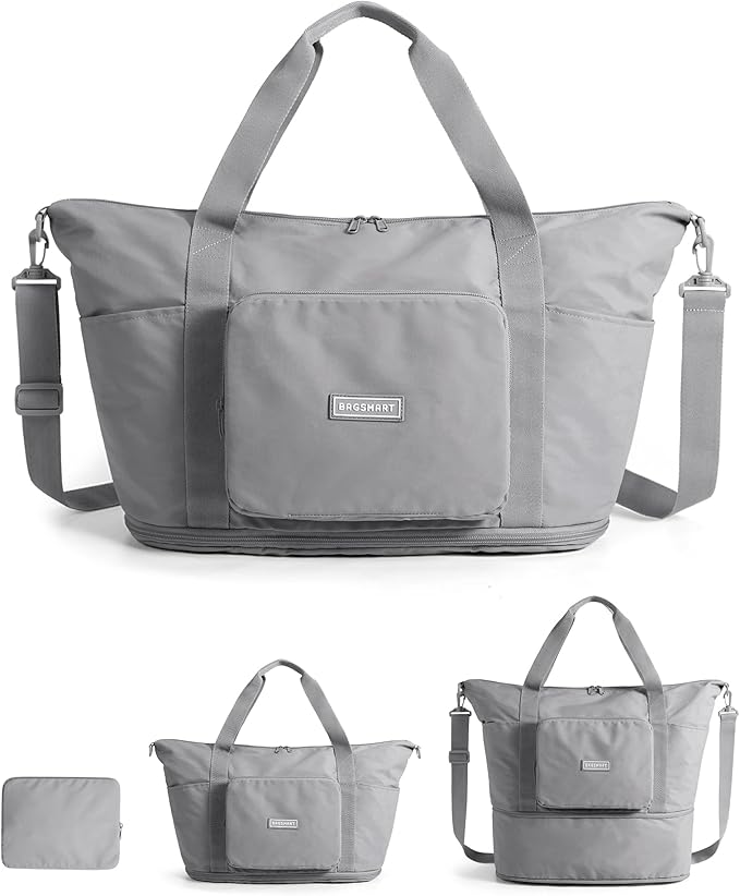 BAGSMART Foldable Travel Bag, 37L Expandable Personal Item Bag, Gray | Airline Approved Personal Carry-on Size, Fits Under-seat, Trolley Sleeve, Backup Bag for Travel, Vacation, Overnight by BAGSMART
